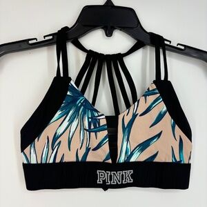 Pink Victoria's Secret Pullover Sports Bra Black Tan Blue Tropical Print Logo